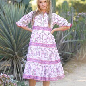 Dolma Women's Cotton Tiered Boho Floral Midi Dress Side Pockets Size M